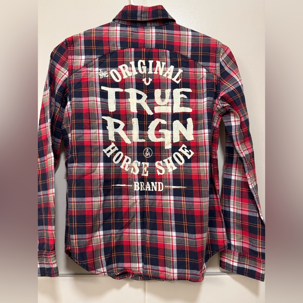 True Religion Plaid Button Up Shirt with Print on the Back